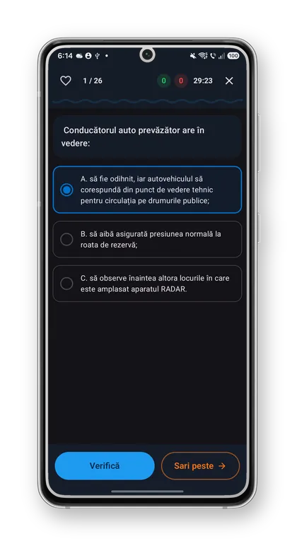 iPermis pe Android — simulare de examen cu cronometru, 26 de întrebări, ca la DRPCIV