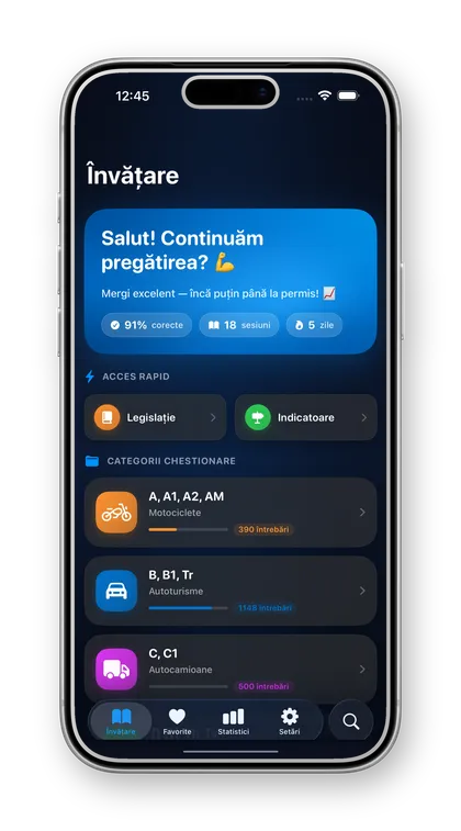iPermis pe iPhone — ecranul principal: categoriile de chestionare și progresul tău