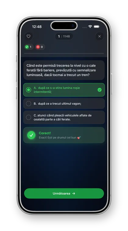 iPermis pe iPhone — Mod Învățare: feedback instant, cu răspunsul corect evidențiat